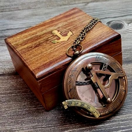 Vintage Style Brass Compass with Wooden Display Box